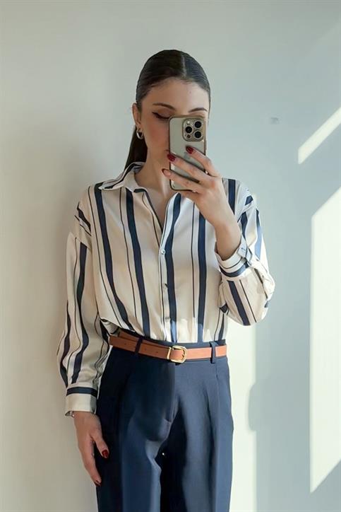 Lacivert Sedef Düğmeli Oversize Çizgili Gömlek