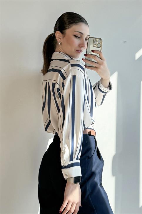 Lacivert Sedef Düğmeli Oversize Çizgili Gömlek