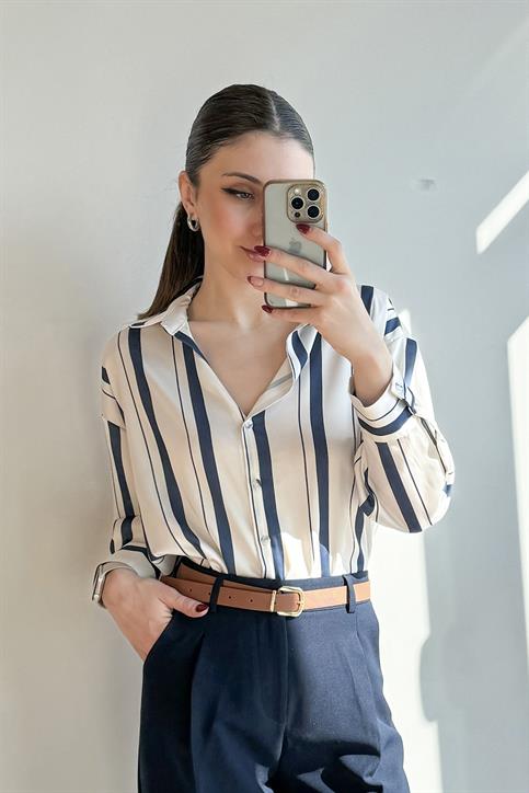 Lacivert Sedef Düğmeli Oversize Çizgili Gömlek