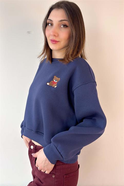 Lacivert Teddy Nakışlı Crop Sweatshirt