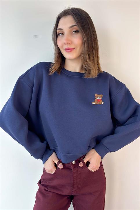 Lacivert Teddy Nakışlı Crop Sweatshirt
