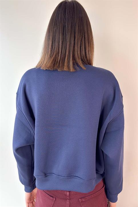 Lacivert Teddy Nakışlı Crop Sweatshirt