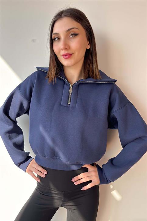 Lacivert Yaka Detaylı Crop Sweatshirt