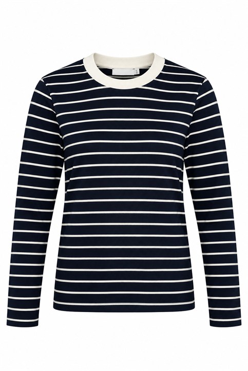 Lacivert Yakası Ribanalı Uzunkollu Çizgili Sweatshirt