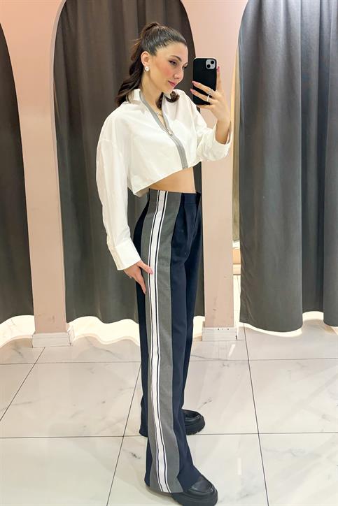 Lacivert Yanı Şeritli Kumaş Pantolon