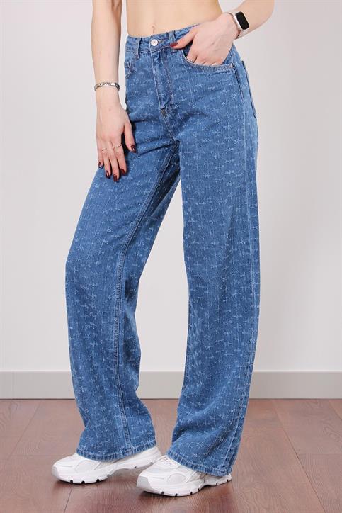 Lacivert Yüksekbel Geniş Paça Eskitmeli Jean