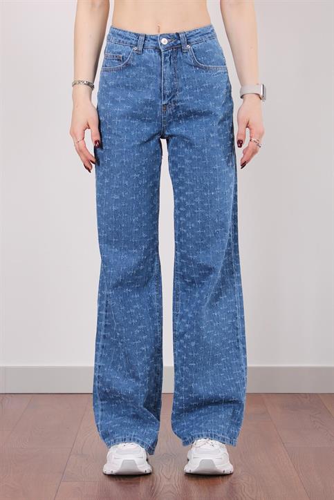 Lacivert Yüksekbel Geniş Paça Eskitmeli Jean