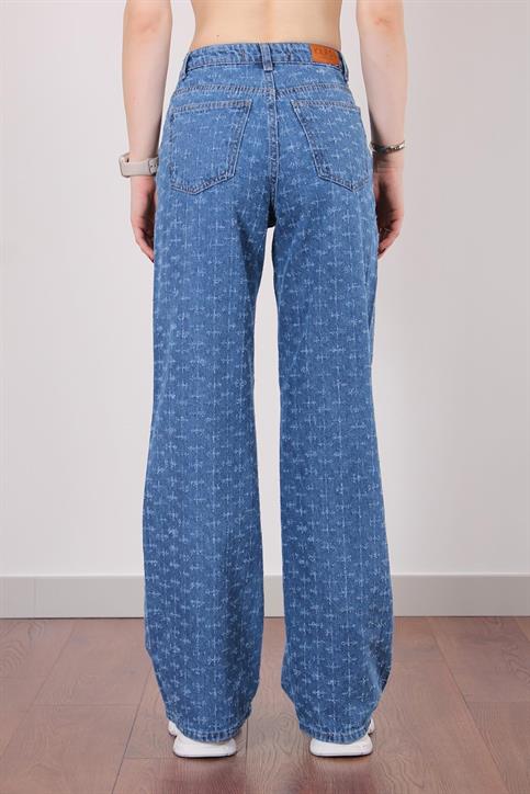 Lacivert Yüksekbel Geniş Paça Eskitmeli Jean