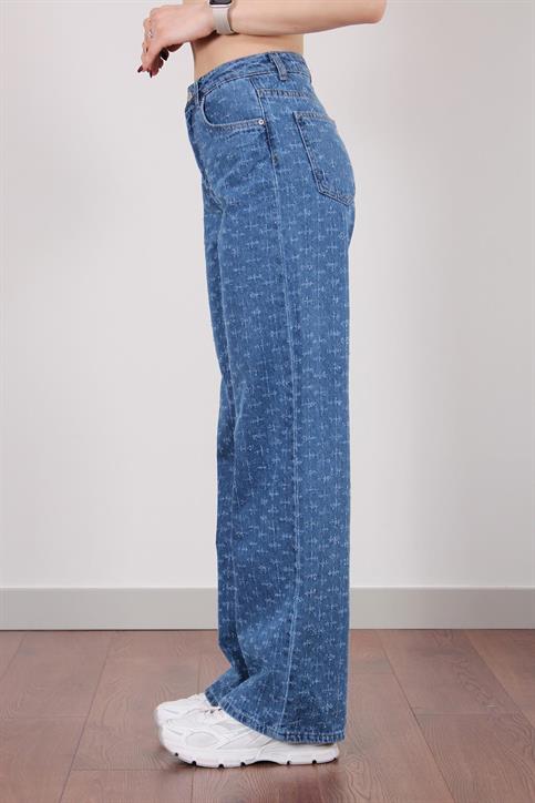 Lacivert Yüksekbel Geniş Paça Eskitmeli Jean