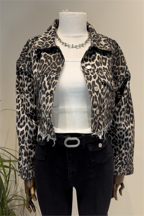 Leopar Altı Püsküllü Crop Denim Ceket