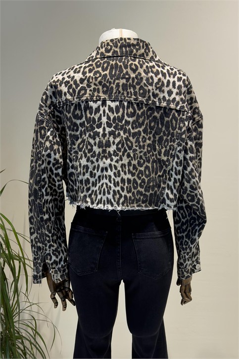 Leopar Altı Püsküllü Crop Denim Ceket