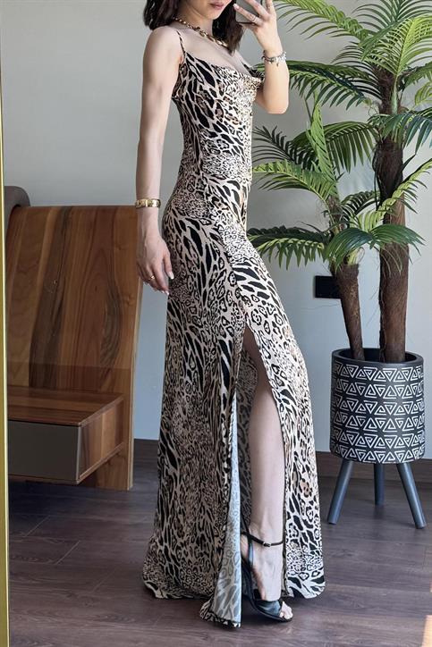 Leopar Degaje Yaka İp Askılı Saten Elbise