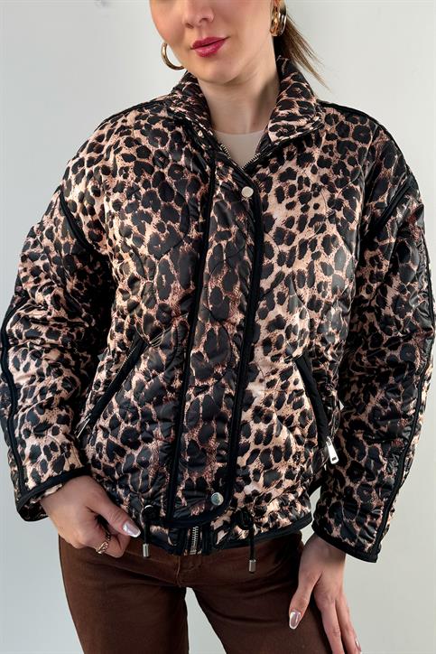 Leopar Desenli Dikiş Detaylı Crop Mont