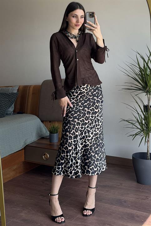 Leopar Desenli Saten Etek