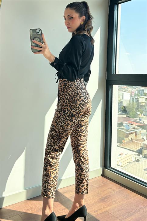 Leopar Önü Flatolu Kumaş  Pantolon