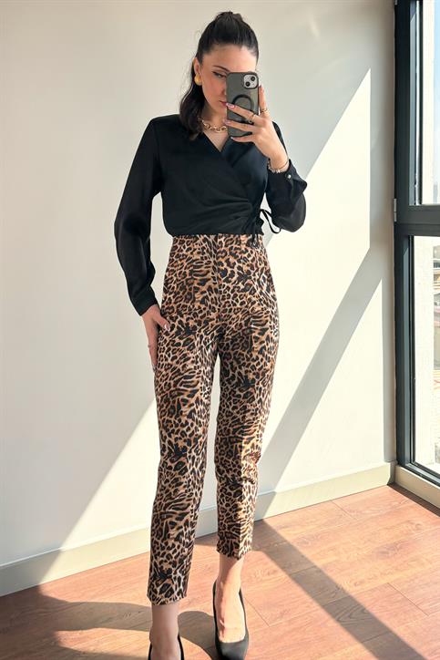 Leopar Önü Flatolu Kumaş  Pantolon