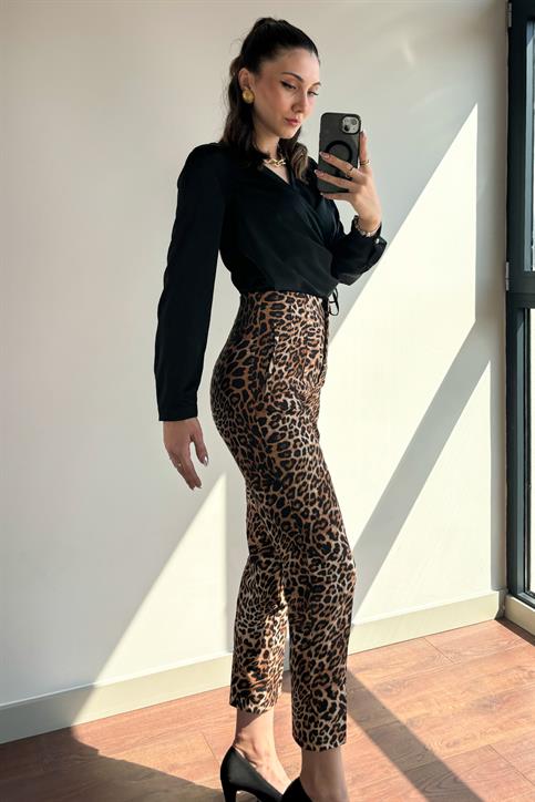 Leopar Önü Flatolu Kumaş  Pantolon
