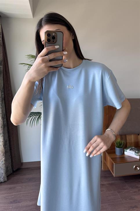 Mavi Alo Gümüş Baskılı Oversize Elbise