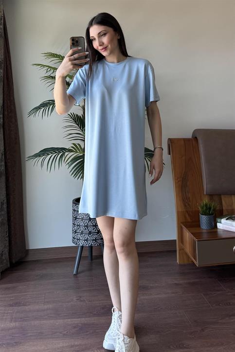 Mavi Alo Gümüş Baskılı Oversize Elbise