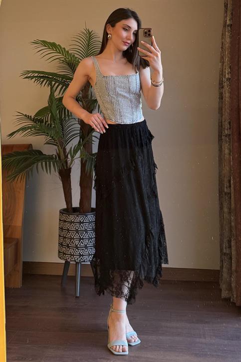 Mavi Arkası Britli Taşlı Denim Crop