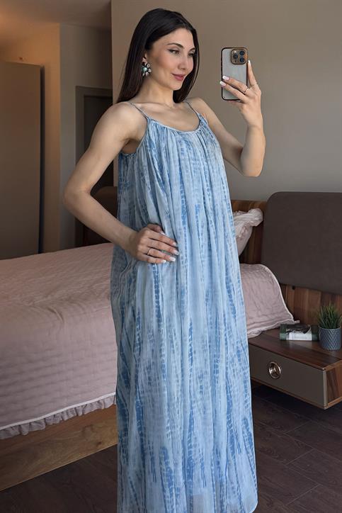 Mavi Askılı Şifon Elbise