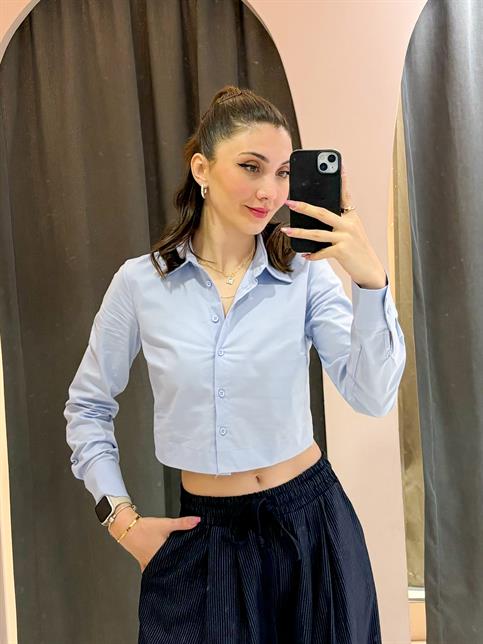 Mavi Beli Lastikli Crop Gömlek