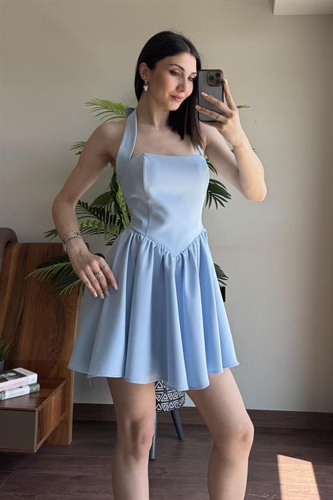 Mavi Boyundan Bağlamalı Altı Salaş Elbise