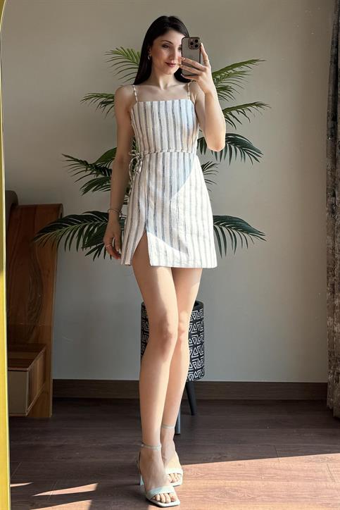 Mavi Çizgi Desenli Elbise