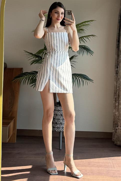 Mavi Çizgi Desenli Elbise