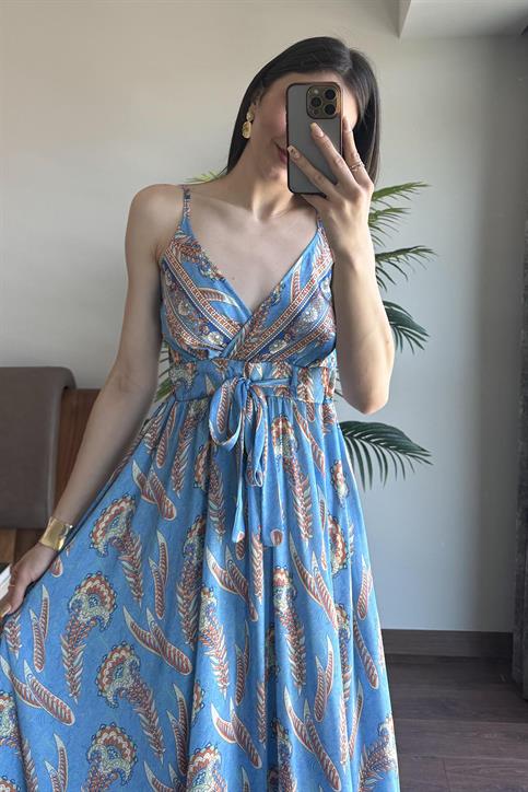 Mavi Desenli İp Askılı Elbise