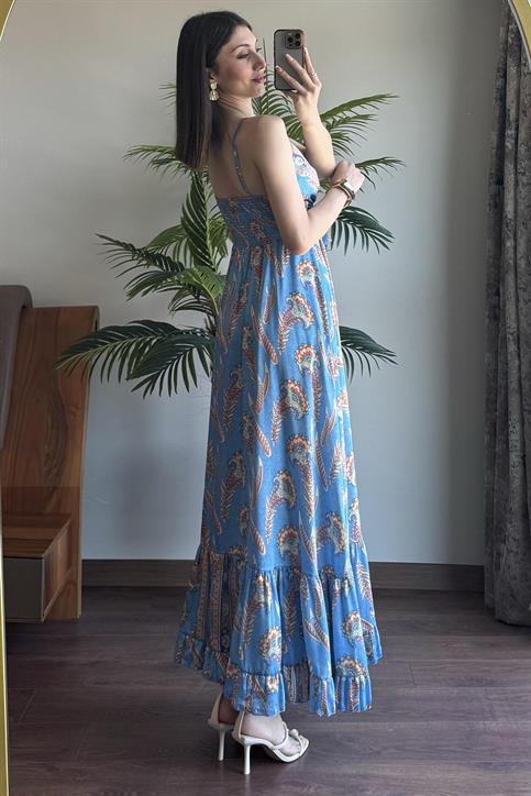 Mavi Desenli İp Askılı Elbise