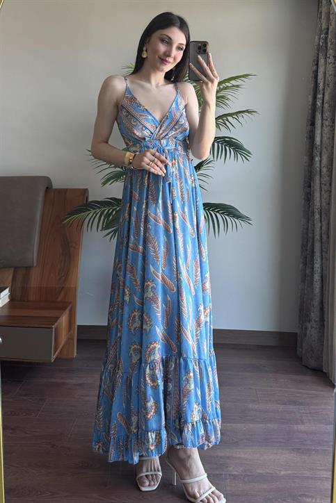 Mavi Desenli İp Askılı Elbise