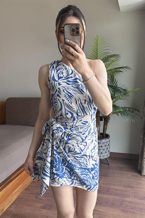 Mavi Desenli Tek Omuz Elbise