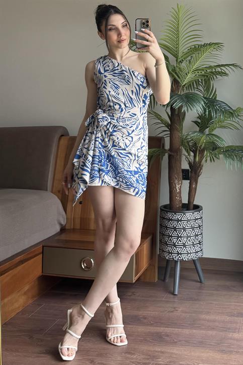 Mavi Desenli Tek Omuz Elbise