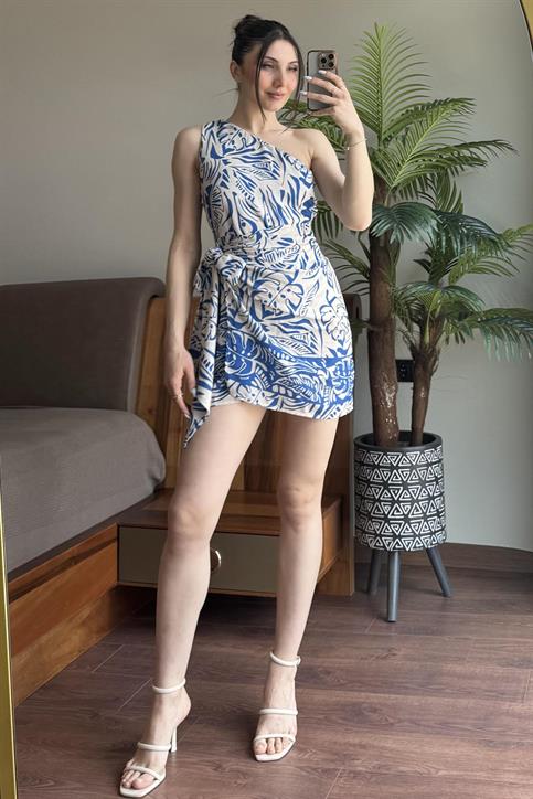 Mavi Desenli Tek Omuz Elbise