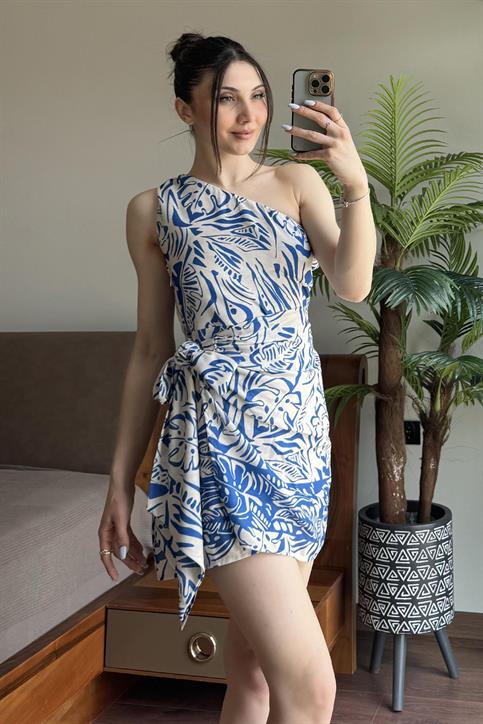 Mavi Desenli Tek Omuz Elbise