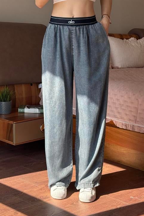 Mavi Geniş Bel Bantlı Renown Tencel Pantolon