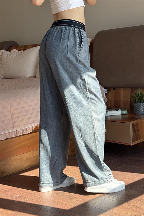 Mavi Geniş Bel Bantlı Renown Tencel Pantolon