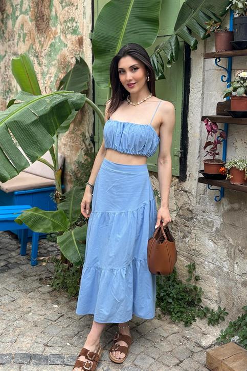 Mavi İp Askılı Crop Bluz