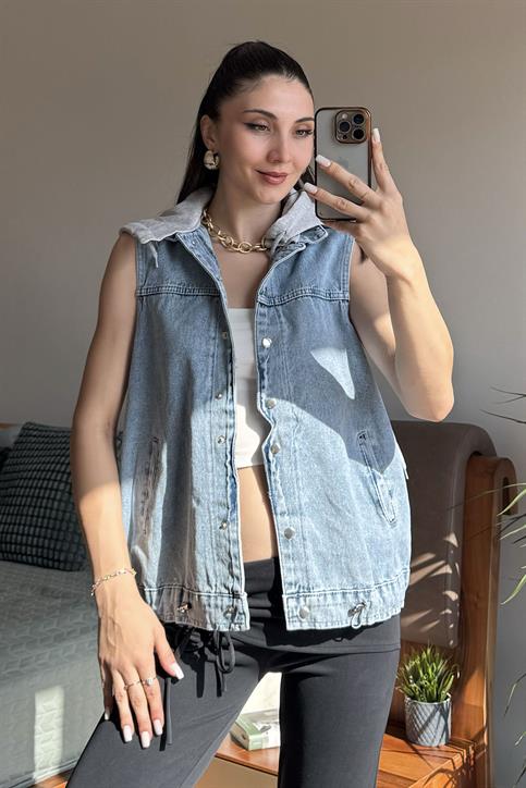 Mavi Kapüşonlu Denim Yelek