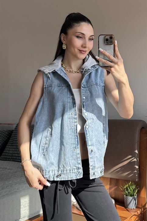 Mavi Kapüşonlu Denim Yelek
