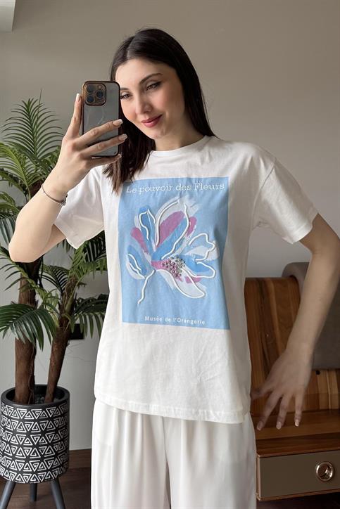 Mavi Le Pouvoir des Fleurs Baskılı T Shirt