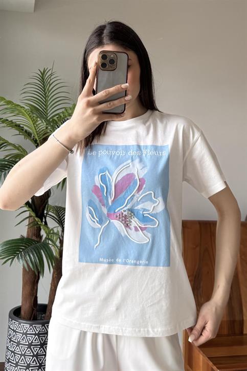 Mavi Le Pouvoir des Fleurs Baskılı T Shirt