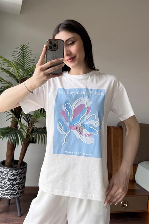 Mavi Le Pouvoir des Fleurs Baskılı T Shirt