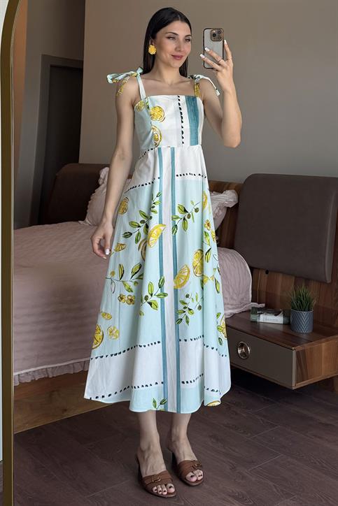 Mavi Limon Desenli Elbise