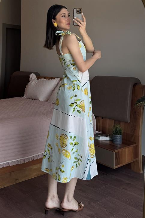 Mavi Limon Desenli Elbise