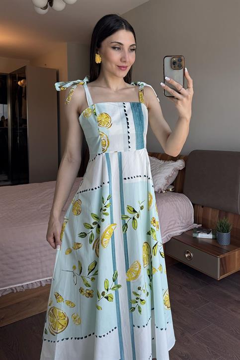 Mavi Limon Desenli Elbise