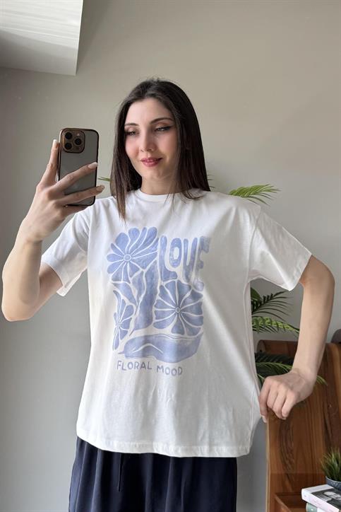 Mavi Love Çiçek Baskılı T Shirt
