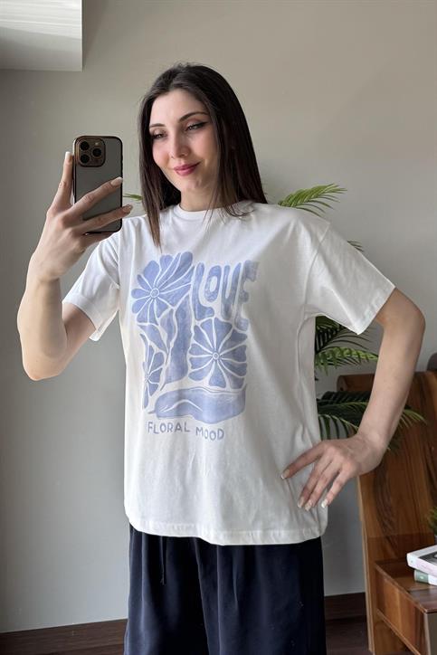 Mavi Love Çiçek Baskılı T Shirt