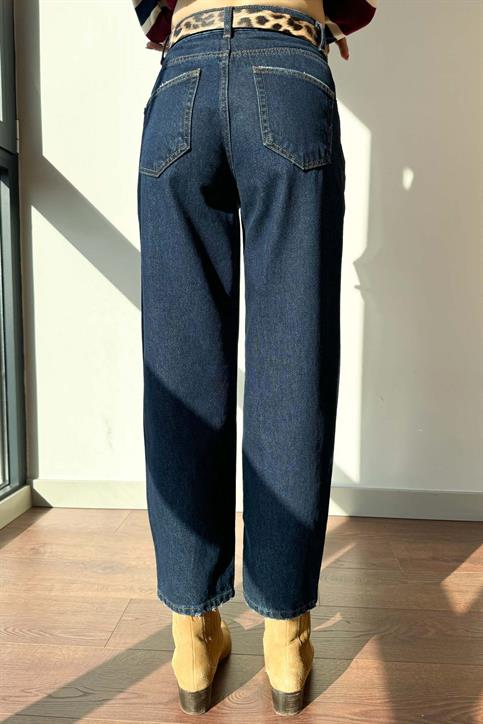 Mavi Paça Eskitmeli Kemerli Pantolon